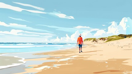 Obraz premium A Lone Beachcomber Walking Along A Deserted Shoreline, Searching For Treasures, Cartoon ,Flat color