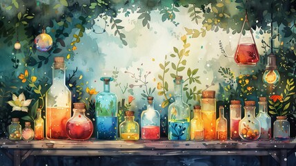 Enchanting assortment of colorful bottles with various liquids, surrounded by lush greenery, providing a magical and whimsical atmosphere.