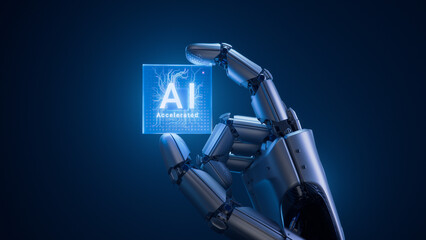 Humanoid Robot Hand with Glowing Futuristic Processor on Dark Background. Metal Hand of Humanoid...
