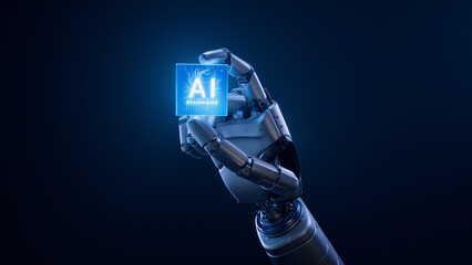 Metal Hand of Humanoid Robot is Holding Innovative and Advanced AI Accelerated Chip. Humanoid Robot...