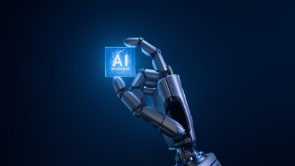 Side view Metal Hand of Humanoid Robot is Holding Innovative and Advanced AI Accelerated Chip....