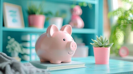 Pink piggy bank in a childs room flat design side view early saving habit theme water color Tetradic color scheme