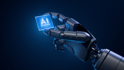 Metal Hand of Humanoid Robot is Holding at its Fingertips Innovative and Advanced AI Accelerated...