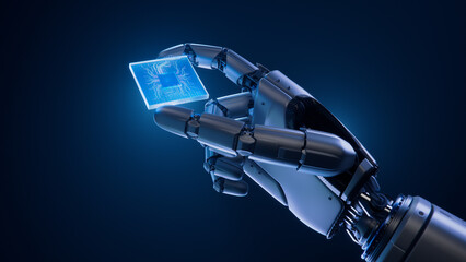 Metal Hand of Humanoid Robot Holding Innovative and Advanced Chip. Humanoid Robot Hand with Glowing...