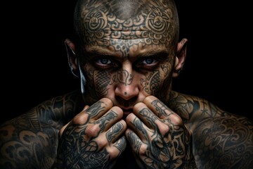 Exotic Tattooed tribe man portrait. Face body senior face claw. Generate Ai