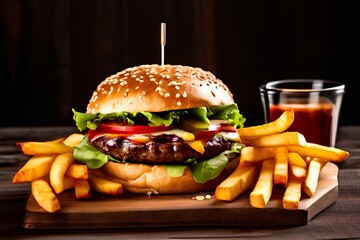 Delicious hamburger with fries, served on wood.