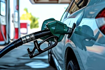 Hose filling a gas tank of a car at a gas station.