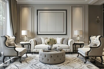 Living room featuring blank frame, modern furniture, and serene background for your background business, poster, wallpaper, banner, backdrop, greeting cards, and advertising for business entities or b