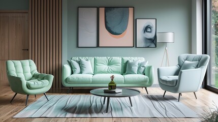 Modern living room mockup with mint green sofa, armchair and luxury living room . Generative Ai