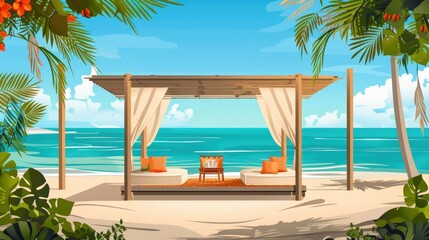 A Luxurious Beachfront Cabana With Plush Seating And A View Of The Ocean, Cartoon ,Flat color