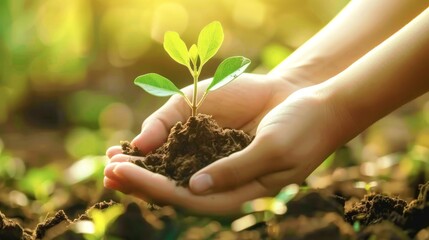 Fototapeta premium New seedling tree sprout is growth in soil holding hands, reforestation theme concept.