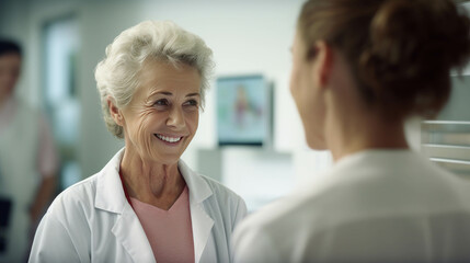 Fototapeta premium An expert senior female doctor is smiling and talking with a patient at the hospital about the concept of good health