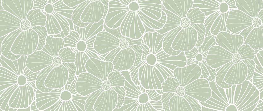 Abstract flower line art background vector. Natural botanical elegant wildflower on green background. Design illustration for decoration, wall decor, wallpaper, cover, banner, poster, card.