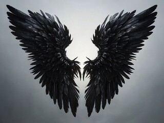 Beautiful magic angel wings spread wide on plain background. 3D illustration of black fantasy wings