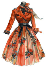 Elegant vintage floral dress with scarf on mannequin, isolated on transparent background, ideal for spring fashion and retro-themed design projects