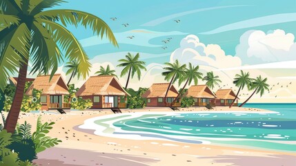 A Luxury Beach Resort With Thatched-Roof Huts And Palm Trees Swaying In The Breeze, Cartoon ,Flat color