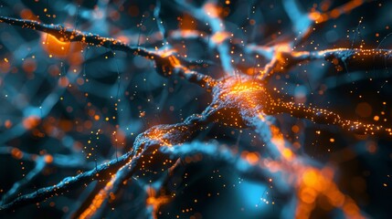 Close-up view of neural network connections, visualizing the complexity and beauty of the brain's synapses and electrical signals.