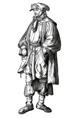 Fototapeta premium Hand-drawn illustration of a Renaissance-era European man in period costume, isolated on a transparent background, ideal for historical education and cultural events