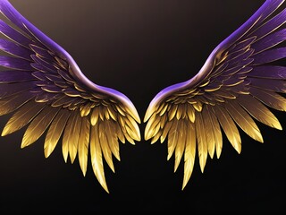 Beautiful magic angel wings spread wide on black background. 3D illustration of golden fantasy wings