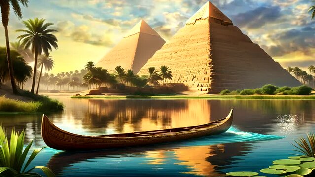 Pyramids with traditional canoe in the river. Seamless looping time-lapse 4k video animation background