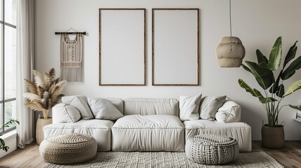  white sectional sofa with two empty frames on the wall behind it.