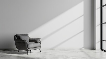 Modern minimalist interior with an armchair on empty white color wall background. Generative Ai