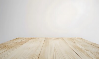 Light Wooden Table Top with White Wall Background
