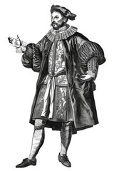 Renaissance man in ornate costume, European ethnicity, standing with a confident pose, isolated on a transparent background, suitable for historical education and theater concepts