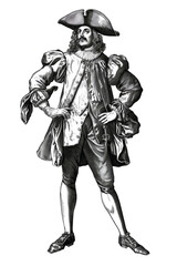 Fototapeta premium Detailed engraving-style illustration of a European man in traditional 17th-century attire, isolated on a transparent background, ideal for historical and cultural themes