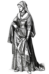 Fototapeta premium Vintage engraving of a European medieval noblewoman in traditional costume, isolated on a transparent background, ideal for Renaissance fairs and historical education content