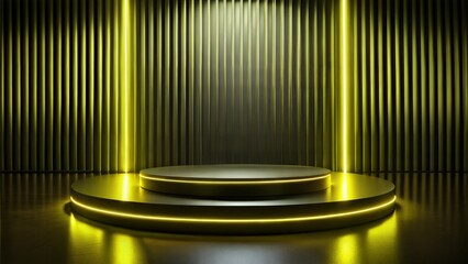 Background podium 3D light neon yellow platform stage product abstract. Scene background 3D podium dark pedestal room glow studio empty stand floor night modern circle show space display game led 