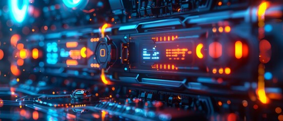 Fototapeta premium Close-up of futuristic data storage servers with glowing lights in a high-tech facility. Perfect for technology and data management themes.