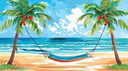 A Peaceful Beach With A Hammock Tied Between Two Palm Trees, Gently Swaying In The Breeze, Cartoon ,Flat color
