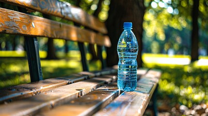 A clear plastic water bottle  resting on a wooden park bench.