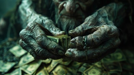 Fototapeta premium Close-up of an aged hand counting dollar bills, depicting themes of wealth, greed, and financial focus, surrounded by scattered money.