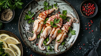  a plate of grilled squid with lemon wedges and spices.