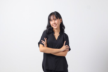 Portrait of attractive Asian woman in casual shirt feeling confident, posing with professional hand gesture. Isolated on white background