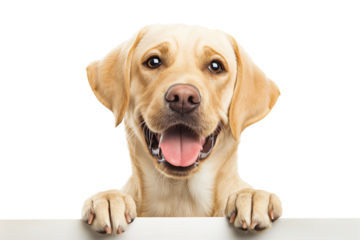 Friendly golden Labrador retriever peeking over edge, isolated on transparent background, ideal for pet care and National Dog Day promotions
