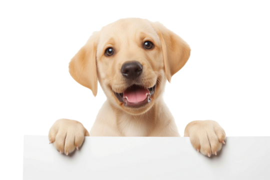 Smiling Labrador Retriever puppy peeking over blank banner isolated on transparent background, ideal for pet care promos and National Puppy Day advertisements