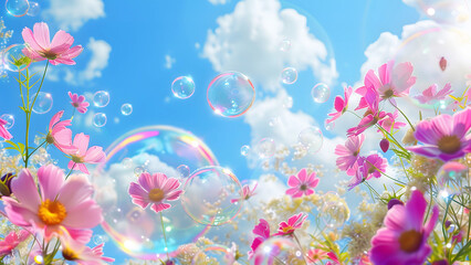 青空の下ピンク色のコスモス畑に輝くシャボン玉が舞う様子