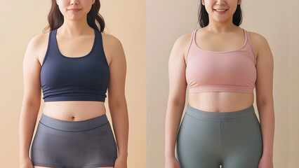 ふくよかな若い日本人女性のダイエット前後を左右で比較している画像