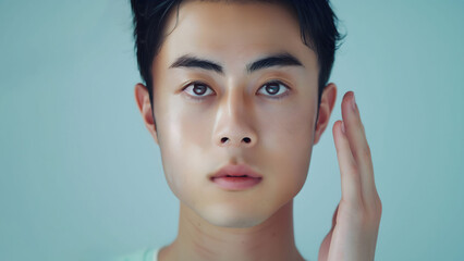 薄いグリーンの背景にカメラ目線で顔に手を近づけポーズを取っている中世的な日本人男性