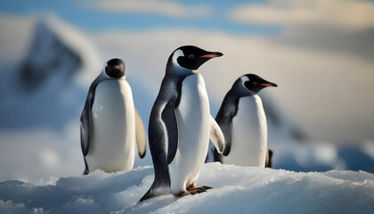 Obraz premium 氷に囲まれた寒い場所で立っている３匹のペンギン