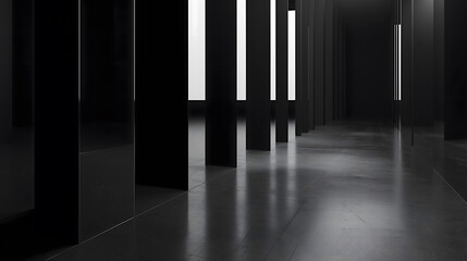 複数の黒い柱が設置されている抜け感の有る黒い廊下