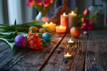 Easter still life. Tulips, Easter eggs, burning candles on a wooden table.