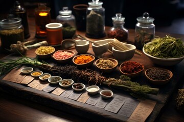 Diverse Tea ingredients table spices. Cup herbal. Generate ai