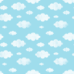 Cute cartoon white clouds on light blue sky. Doodle seamless pattern vector. Minimal wallpaper. Design for fabric, textile, kid clothes, shirt, skirt, dress, bedsheet, pajama, clothing, sticker