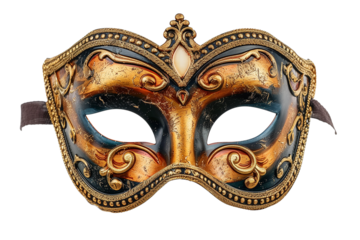 Elegant Venetian mask with gold and black filigree designs isolated on a transparent background, ideal for Carnival festivities and masquerade-themed events