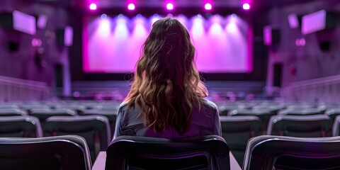 A woman sits alone in the front row of a deserted cinema. Concept Solitude, Cinema, Woman, Contemplation, Empty