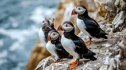 Fototapeta premium Coastal Charm: A Group of Charming Puffins Perched on Rocks